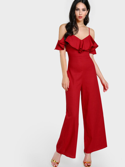 Flounce Cold Shoulder Wide Leg Jumpsuit