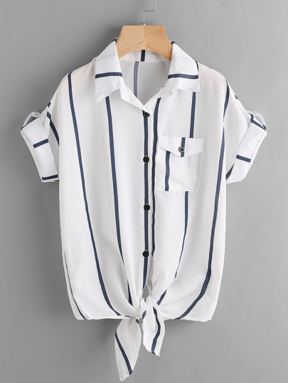 Striped Rolled Sleeve Knotted Top