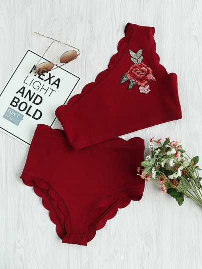 Embroidery Applique Scallop One Shoulder Bralette And Thong Set
