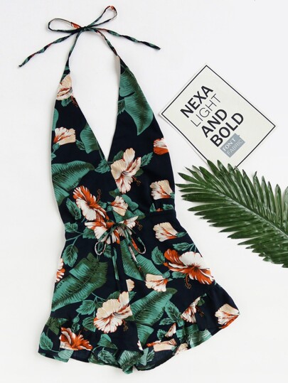 Mono de volante con cuello en V pronunciado con estampado floral con cordón