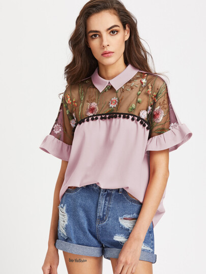Bluse mit Stickereien, Netzstoff und Raffung auf den Ärmeln