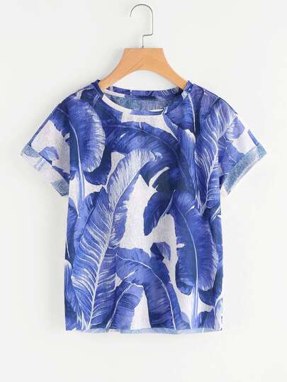 Jungle Leaf Print Cuffed Sleeve T-shirt