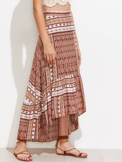 Aztec Print High Low Frill Hem Skirt
