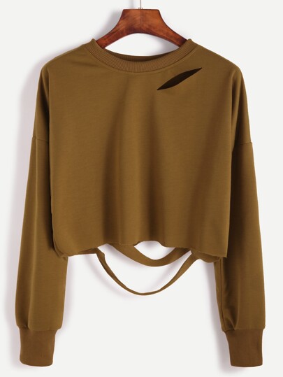 Khaki Drop Shoulder Cut Out Crop T-shirt