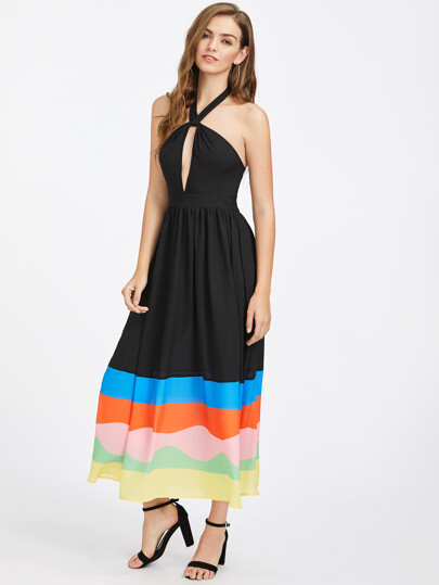 Keyhole Halter Striped Hem Dress
