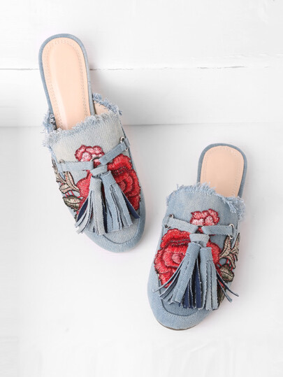Raw Trim Flower Embroidery Denim Loafer Mules