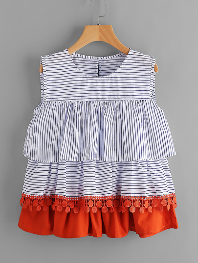 Bluse mit Häkelbesatz, schößchem Saum und Streifen
