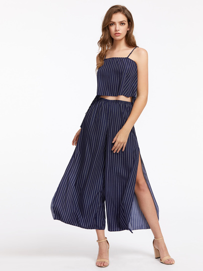 Vertical Striped Cami Top With Split Wide Leg Pants