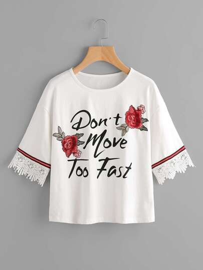 Lace Trim Rose Patch Graphic Tee