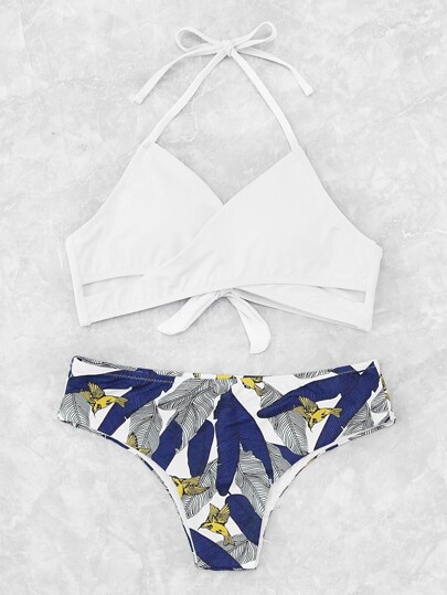 Bikini Set mit Palmmuster und Band hinten