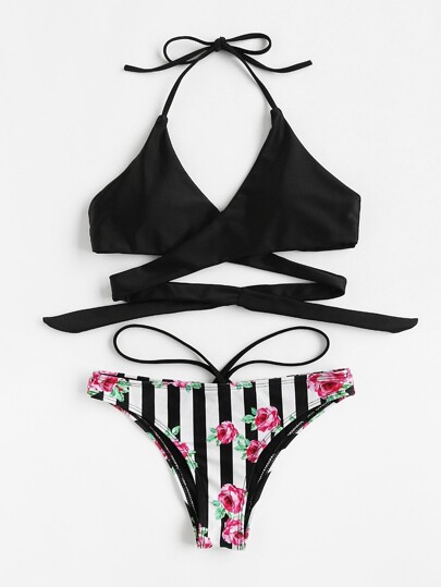 Ensemble de bikini imprimé des rayures et des fleurs avec un lacet