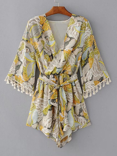 Surplice Front Tie Waist Playsuit With Fringe