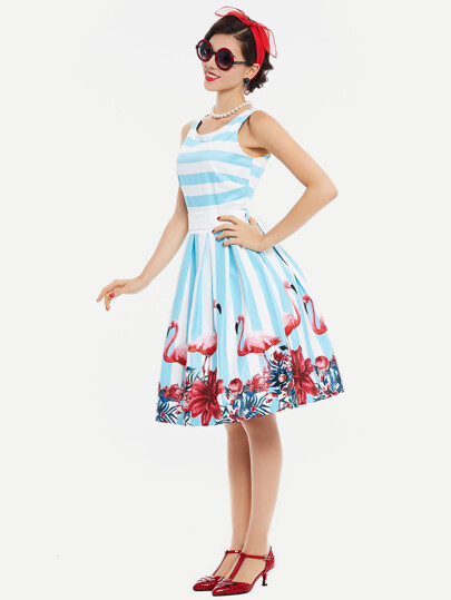 Contrast Striped Flamingo Print Belted Fit & Flare Dress