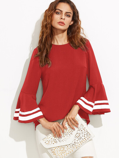 Striped Trim Bell Sleeve Keyhole Back Blouse