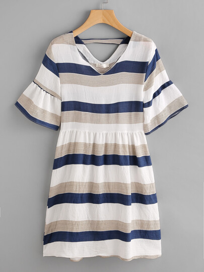 Contrast Striped Double V Fluted Sleeve Dress