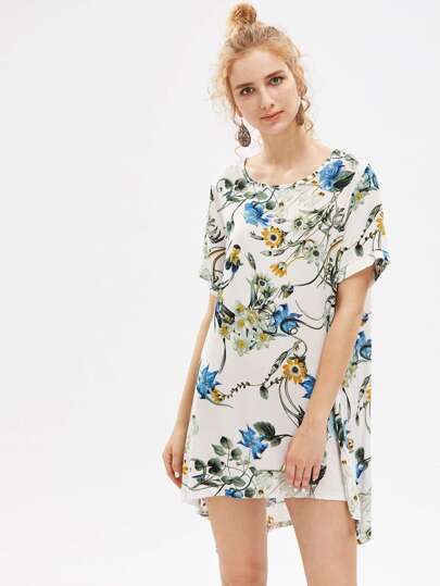 Botanical Print Shift Dip Hem Dress
