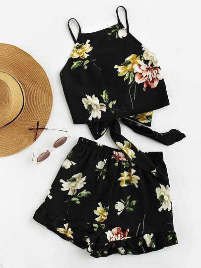 Top camisole con pantaloncini con bordi a volant