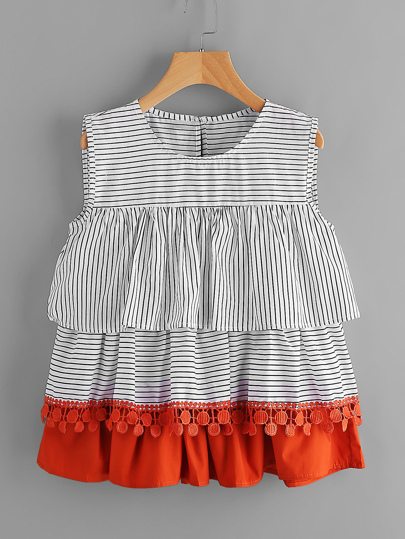 Contrast Crochet Trim Tiered Flounce Striped Blouse