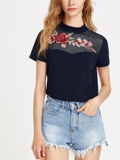 Embroidered Flower Applique Mesh Sweetheart Tee