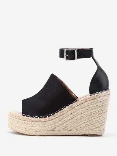 Open Toe Ankle Strap Woven Wedges