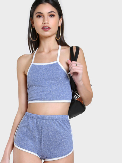 Contrast Binding Marled Halter Top And Dolphin Shorts Set
