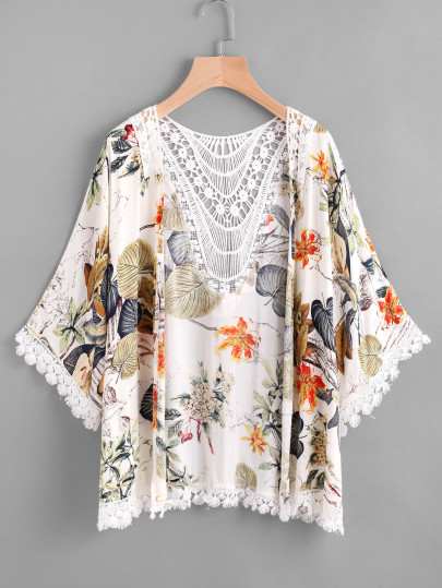Kimono bicolore découpé creux imprimé tropical en crochet