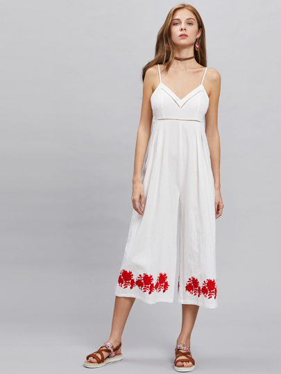 Lace Insert Flower Print Pleated Palazzo Jumpsuit