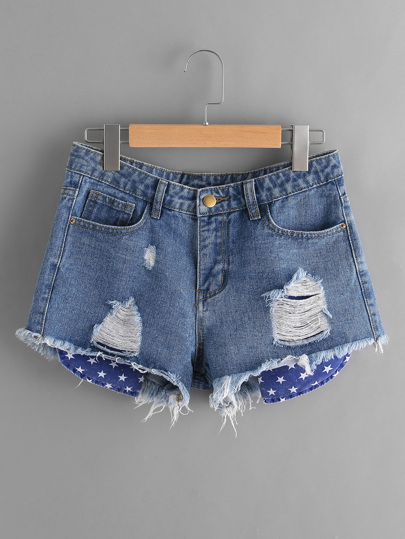 Star Stick Out Pockets Detail Distressed Denim Shorts