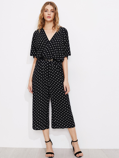 Polka Dot Bow Tie Back Surplice Wide Leg Jumpsuit