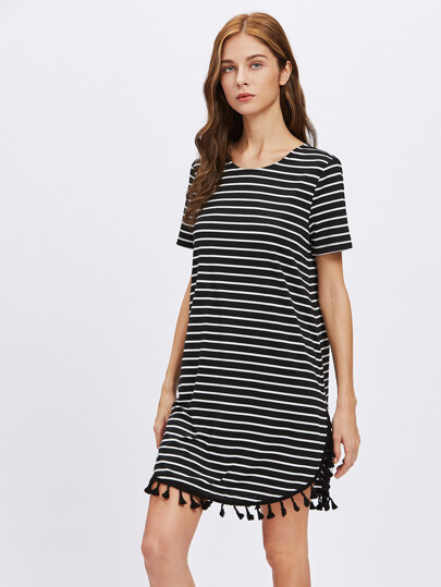 Tassel Trim Dolphin Hem Striped Tee Dress