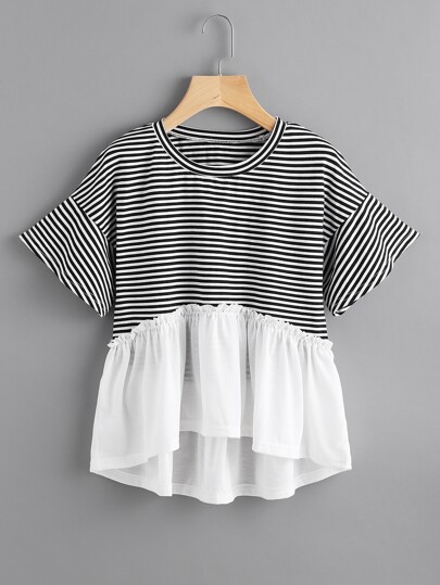 Frill Trim Dip Hem Smock Tee