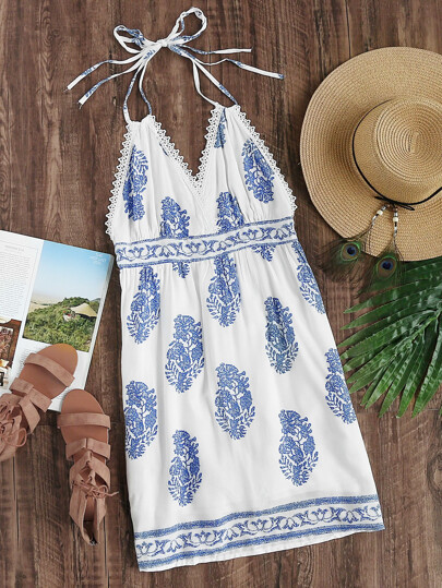 Halter Neck Aztec Print Lace Trim Backless Dress