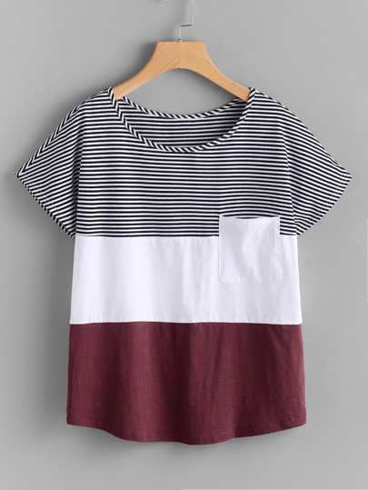 T-Shirt mit Farbeblock,Streifen und Tasche