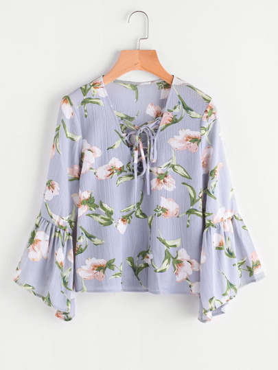 Blusa con cuello en V de manga acampanada con cordones - azul