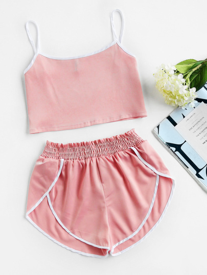 Satin Contrast Trim Crop Cami Top With Shorts