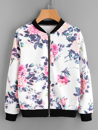 Floral Print Contrast Trim Zip Up Jacket