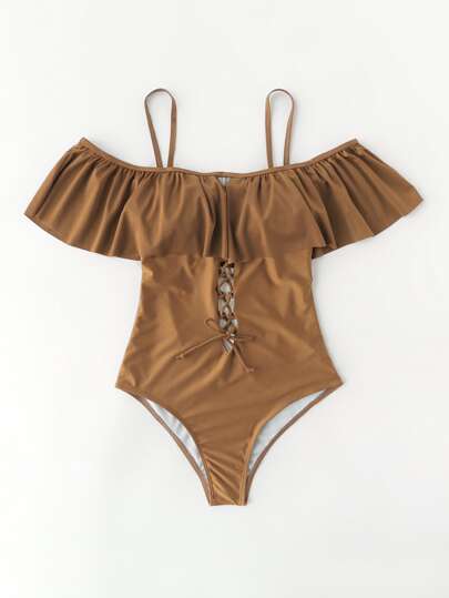 Criss Cross Design Open Back Flounce Swimsuit