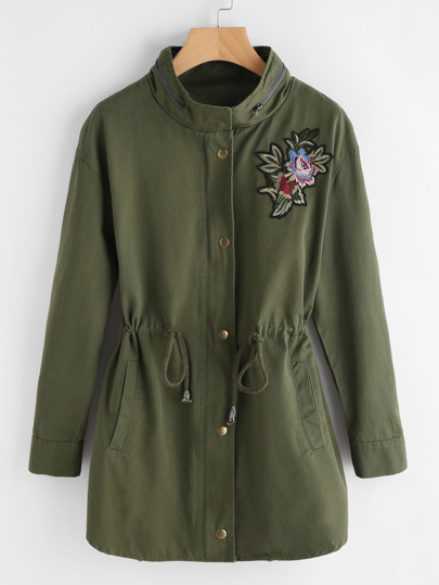 Zip Collar Flower Patch Drawstring Waist Utility Coat