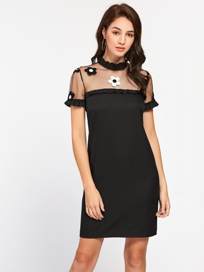 Embroidered Mesh Yoke Frilled Dress