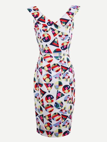 Vestido con estampado geométrico de cuello en doble V