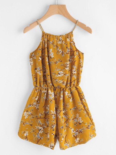 Floral Print Random Self Tie Neck Cami Romper
