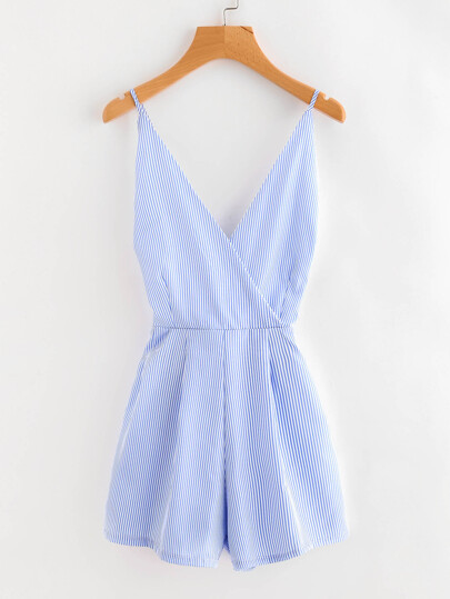 Striped Surplice Criss Cross Open Back Romper