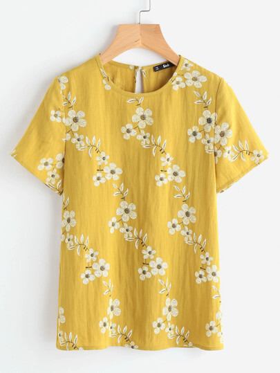 Flower Print Keyhole Back Blouse