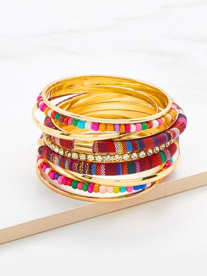 Rhinestone & Beaded Decorated Bangle Bracelet Set