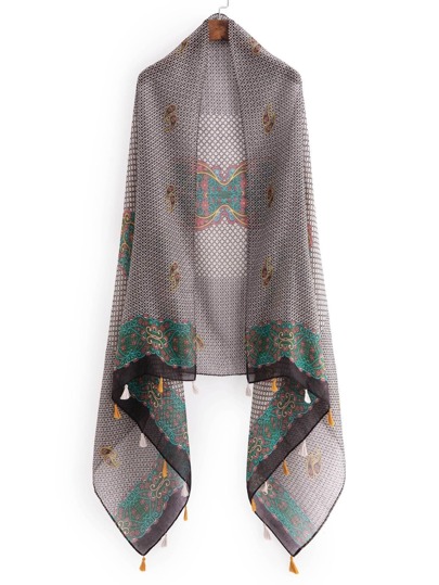 Retro Print Tassel Detail Scarf