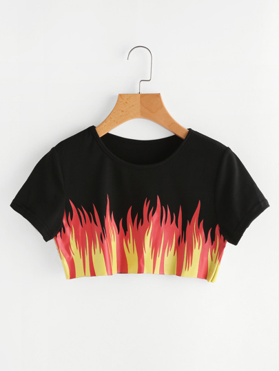 Crop T-Shirt mit Feuermuster
