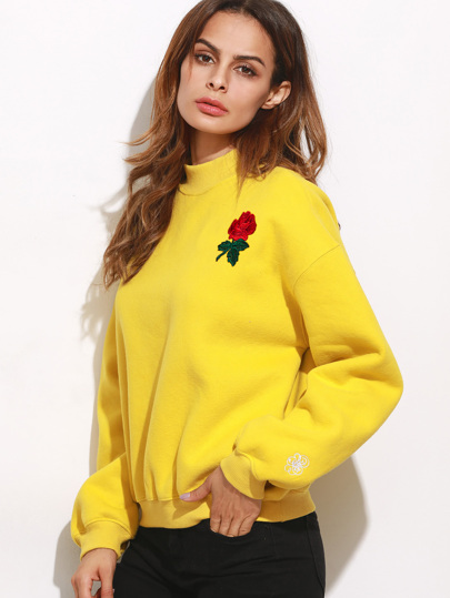 Mock Neck Drop Shoulder Embroidered Sweatshirt