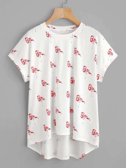 Flamingo Print Curved Back Slub Tee