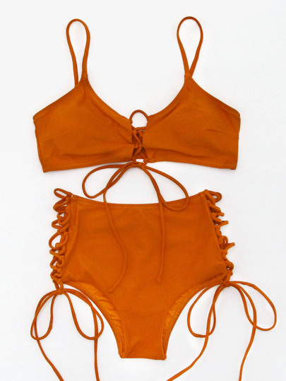 Lace Up Front And Side High Waist Bikini Set