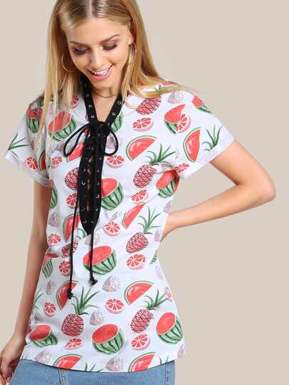 Allover Fruit Print Lace Up Plunging Cuffed Sleeve Dress